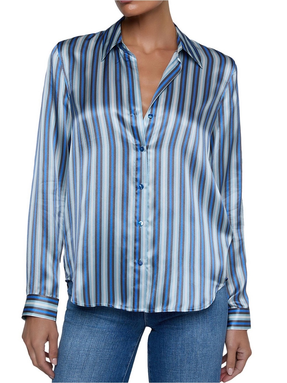 L'AGENCE Blue Multi-Stripe Silk Button-Front Blouse